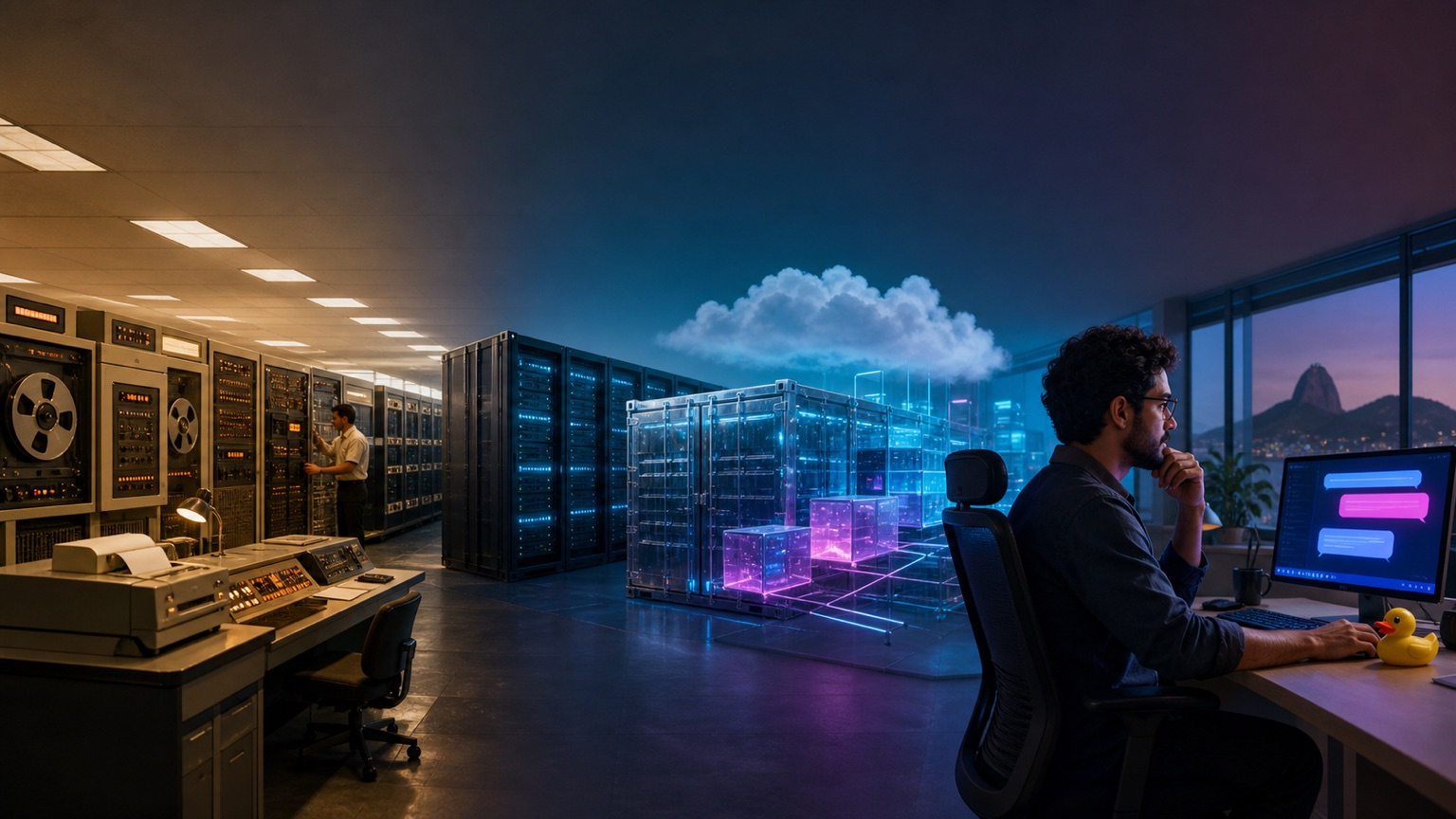 Da sala de mainframes a um agente conversacional, com nuvem, servidores modulares e um pato de borracha no caminho