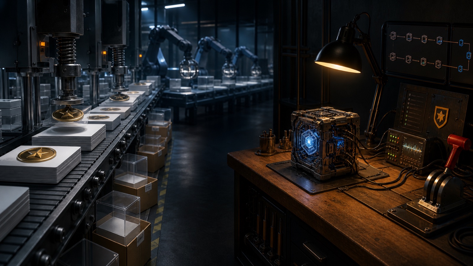 Uma linha de produção estampa medalhas em cartões vazios, enquanto um único artefato técnico é testado e monitorado numa bancada