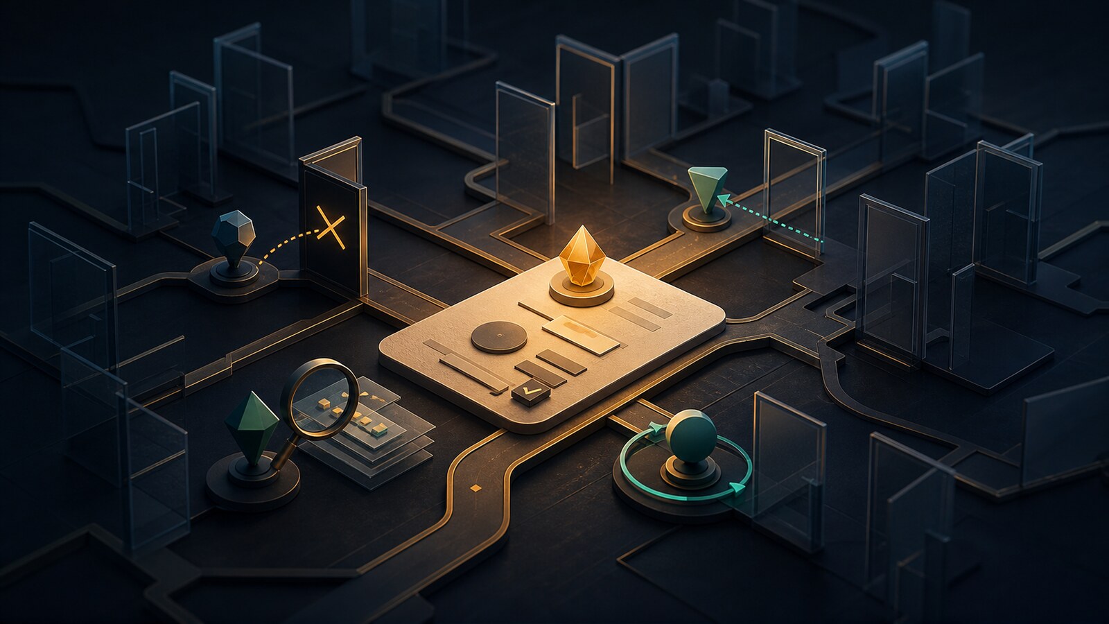 Um percurso central iluminado cercado por muitos portais, com marcadores abstratos fechando desvios, verificando evidências e concluindo ciclos