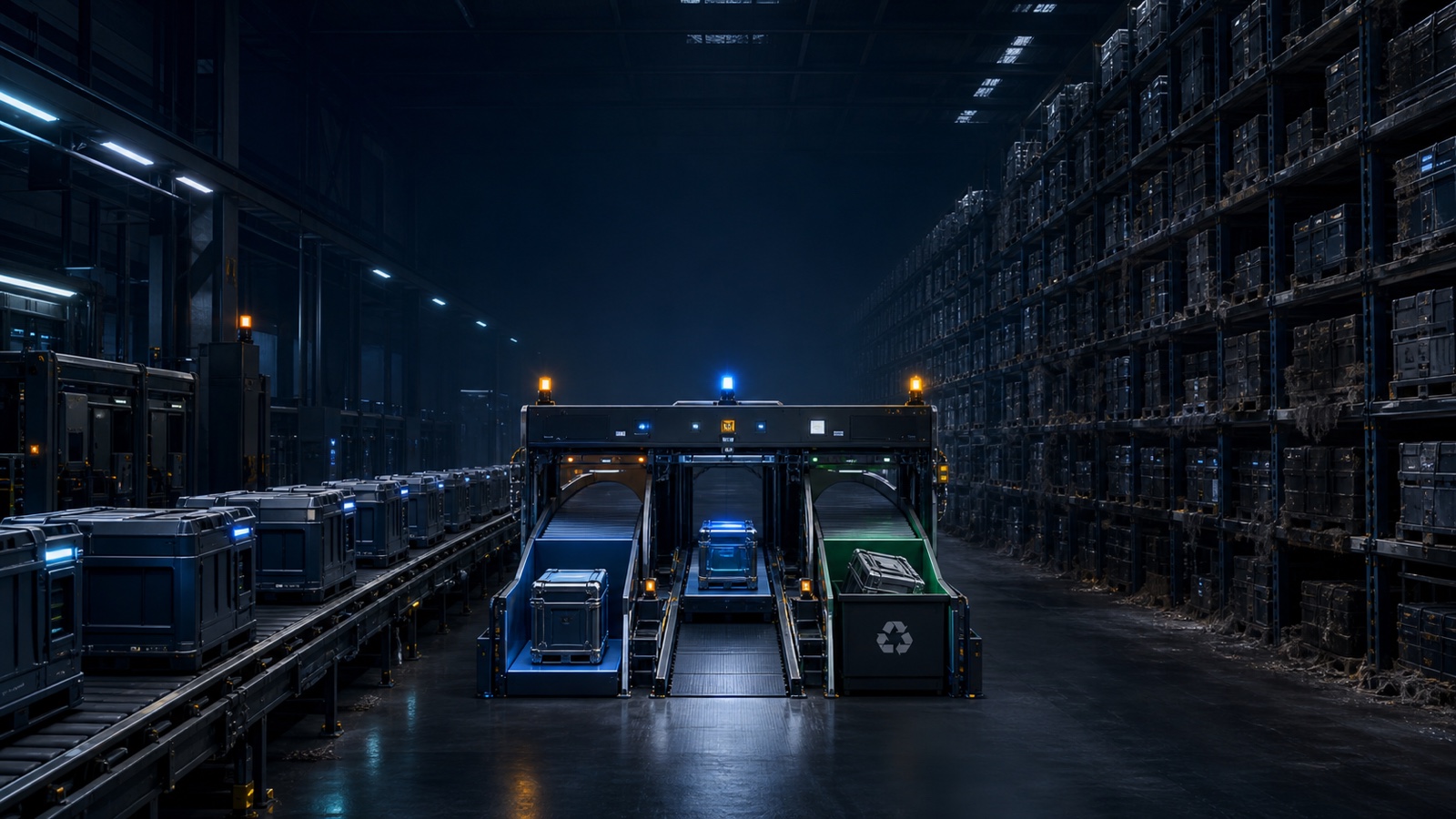A conveyor keeps producing crates while a gate separates protected storage, inspection, and controlled disposal in front of an overcrowded warehouse