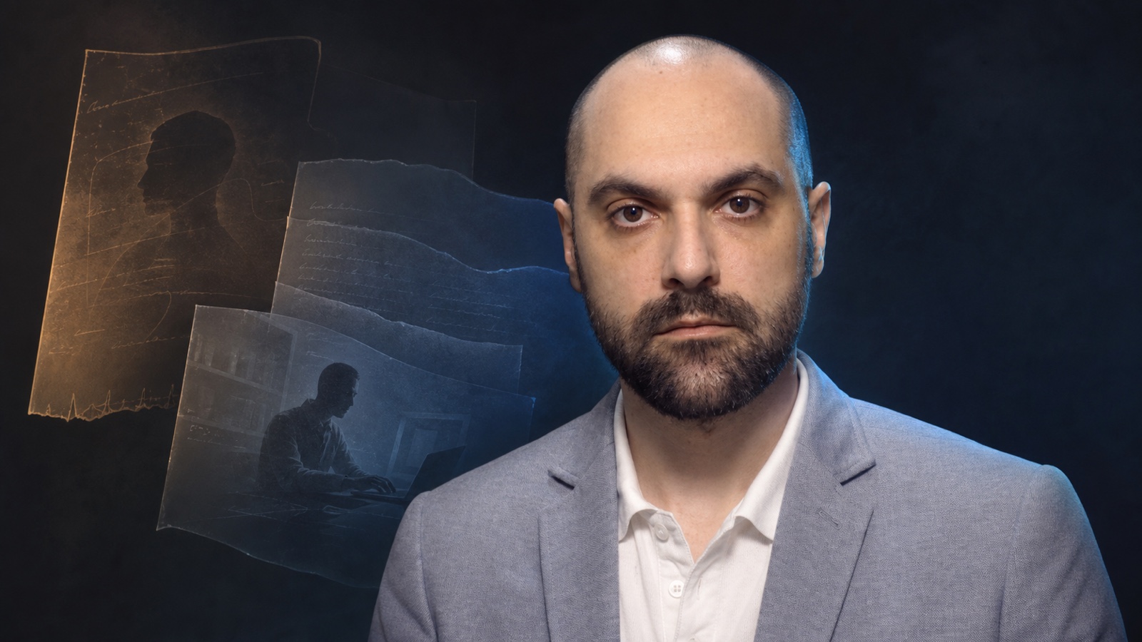 Retrato de Felipe Abreu ao lado de camadas editoriais que separam identidade factual, estilo de escrita e contexto atual