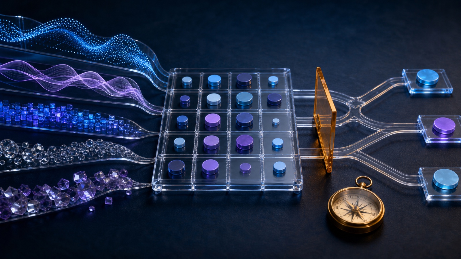 Five evidence streams reach a transparent matrix and continue through three possible paths beside a compass
