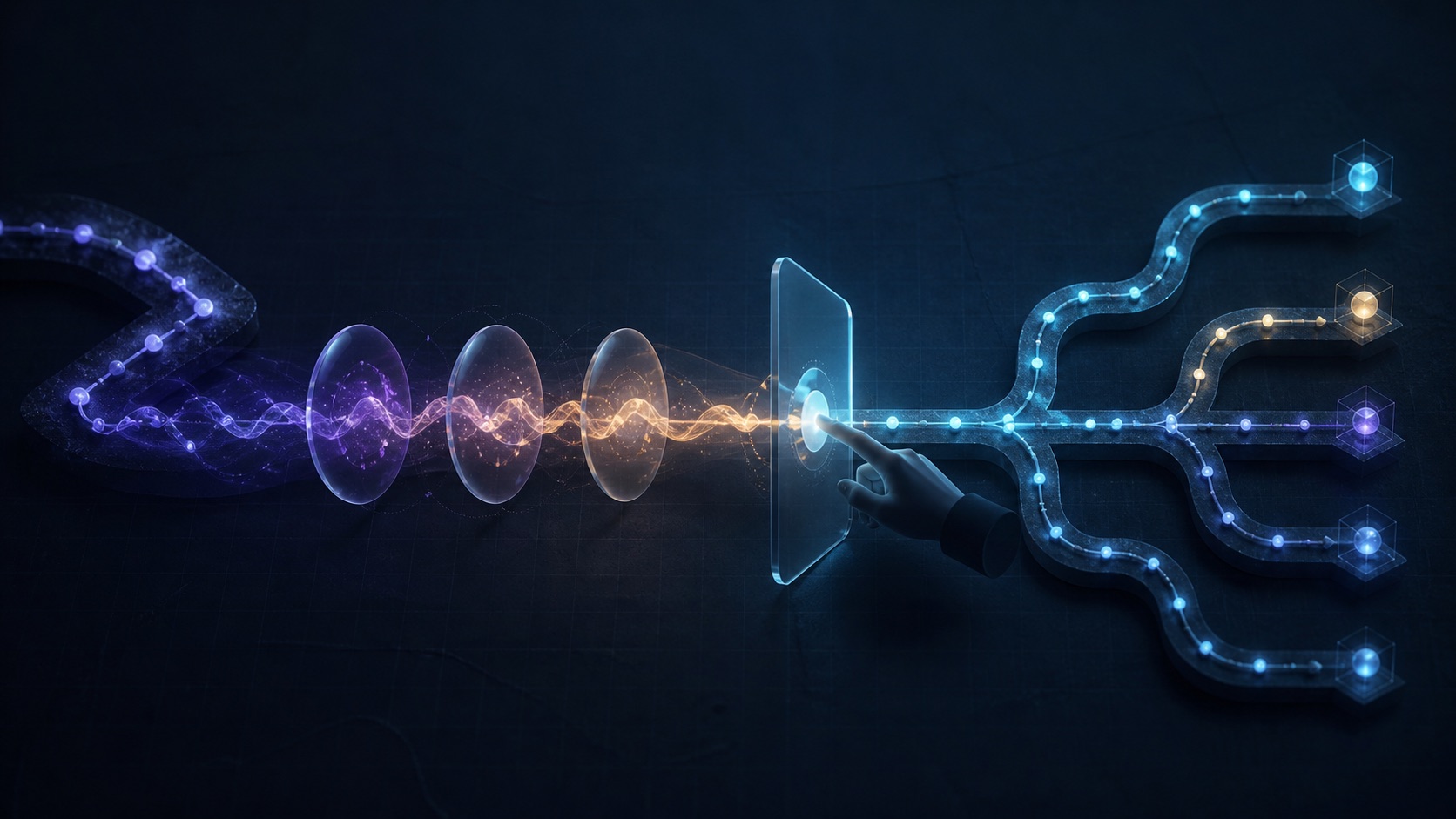 A signal moves through luminous nodes, passes a confirmation checkpoint, and becomes a branching version trail