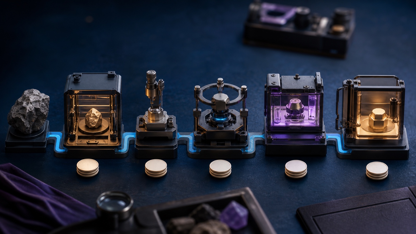Five stations transform raw material into a verified artifact while accumulating evidence at every stage
