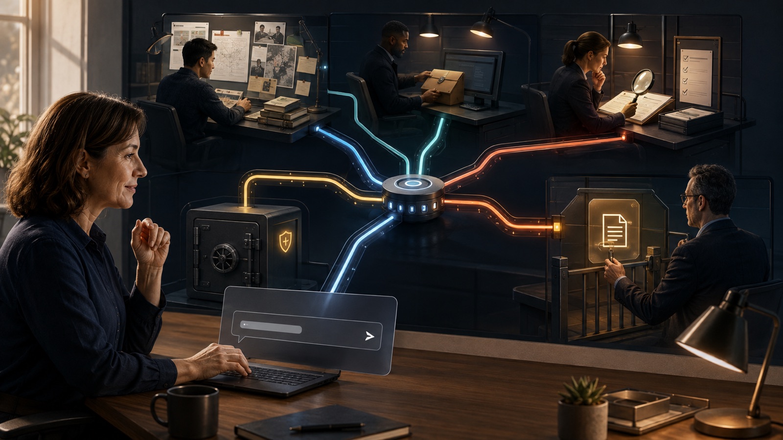A simple request enters an organized control room that selects research, review, security, and publishing under human supervision