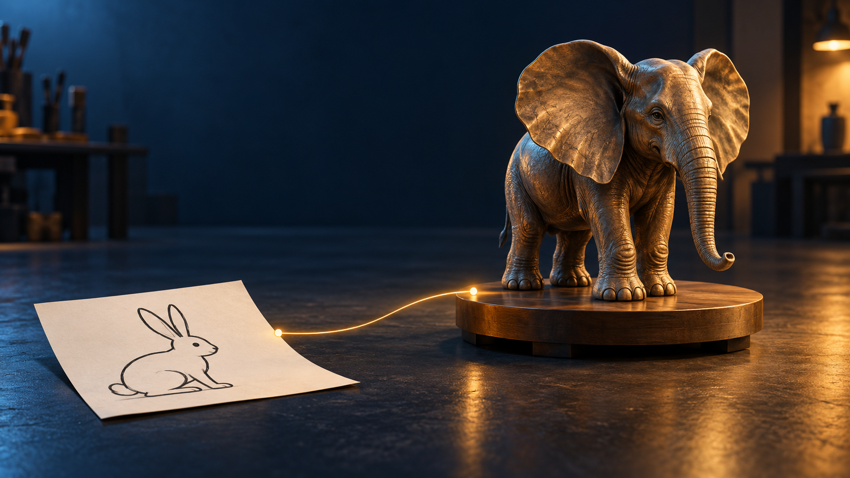 Una escultura de elefante bien acabada llega a una plataforma de entrega junto a una hoja con el dibujo de un conejo