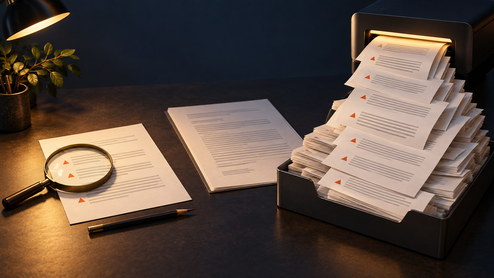 A stack of repeated sheets emerges from a printer beside a short review with distinct marks and a magnifying glass