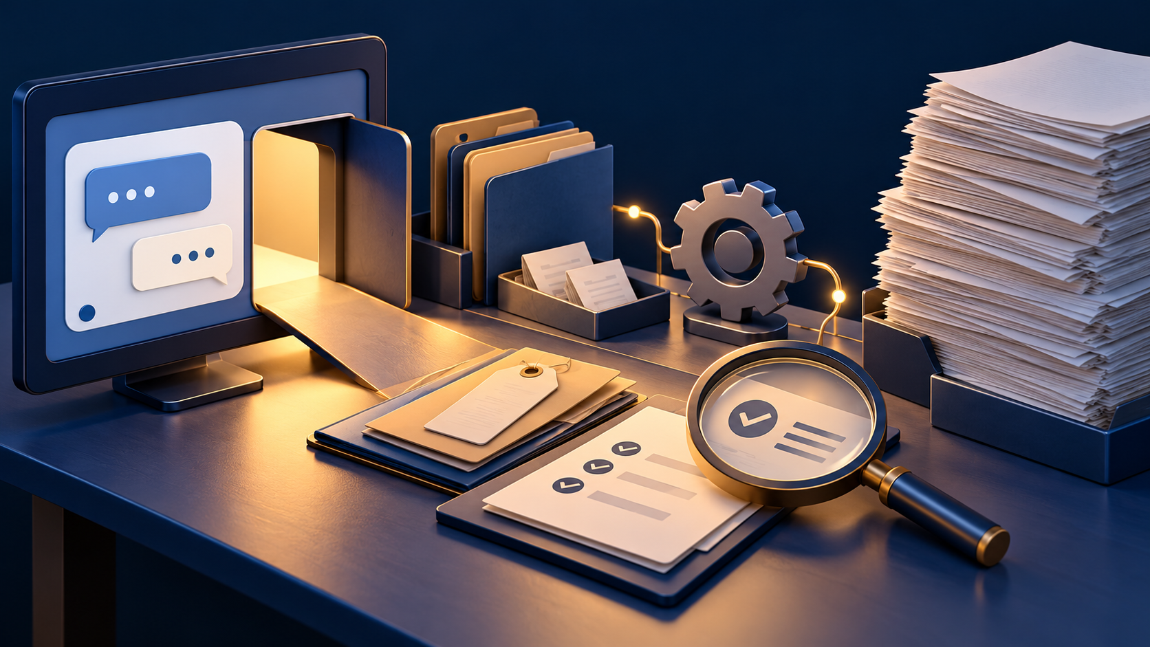A small chat window opens onto a workbench with stacked reports, organized documents and a magnifying glass for inspection